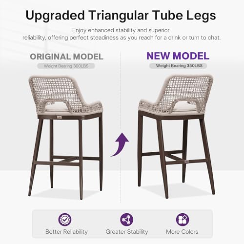 Image of PURPLE LEAF Bar Stools Set of 2 Bar Height Metal Bar Chairs with Back Modern Tall Comfy Wicker Woven Boho Garden Pool Patio Outdoor Barstools, Bronze