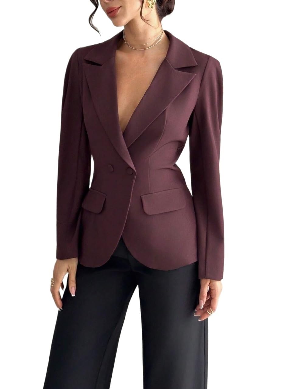 Solid Color Lapel Neck Long Sleeve Double-Breasted Blazer Autumn Womens Open Front Casual Elegantl Suit Blazer