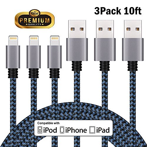 Everdigi iPhone Charger 3Pack 10FT Nylon Braided 8Pin Lightning to USB Cable Charging Cord for iPhone X 8 8Plus 7 7Plus 6s 6sPlus 6 6Plus SE 5 5s 5c iPad iPod & More (Blue)