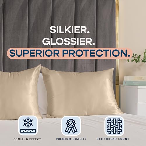 Image of BLISSFORD Satin Pillowcase with Zipper, for Hair and Skin Care, Feels Soft and Cool Like a Silk Pillowcase, Satin Pillow Cases 2 Pack, Slik Pillow Cover, Taupe - King Size, Set of 2