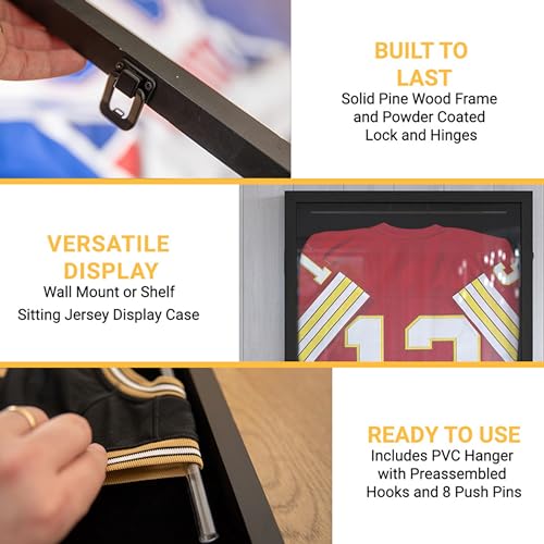 HBCY Creations Matte Black Jersey Frame Display Case - 24x36 Premium Shadow Box with Anti-Theft Lock, Acrylic Window, Solid Wood Frame, Fits, Includes Hanger and Hanging Hardware