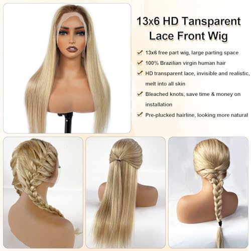 Image of Ombre Blonde Highlight Lace Front Wig Human Hair for White Women, 180% Density 13x6 Lace Frontal Pre Plucked with Baby Hair Straight Natural Real Remy Wear and Go Glueless Wigs 16 Inch