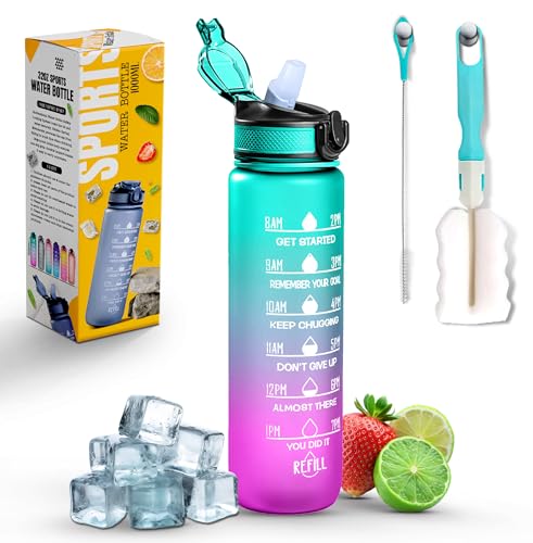 K-MART Sports Water Bottle with Straw and Time Marking, and 32OZ Capacity - Motivational and Eco-Friendly BPA-Free Bottle for Running, Gym, Yoga, Outdoors, and Camping (Style-1, Green-Pink)