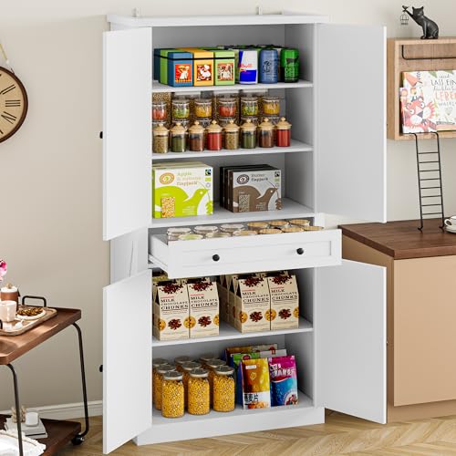 Image of BORNOON Pantry Organizers and Storage Cabinet, 67.7 inch Barn Door White Kitchen Cabinet with Drawers and Adjustable Shelf, Tall Pantry for Kitchen, Dining Room, Living Room