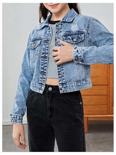 Verdusa Girl's Ripped Button Front Long Sleeve Flap Pocket Collared Denim Jacket Coats3