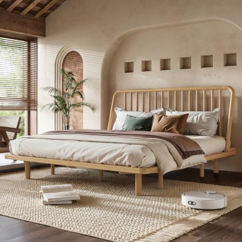 Image of Bellemave Queen Bamboo Bed Frame with Slatted Slanted Headboard,Natural