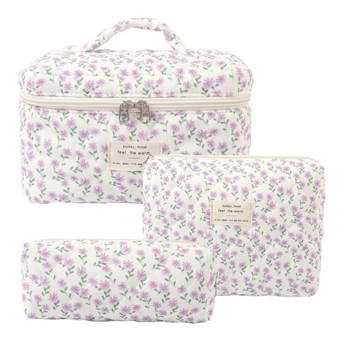 Aucuu 3PC Bolsa de Maquillaje de Algodón, Bolsa de Cosméticos Floral, Bolsa de Cosméticos de Viaje, para Viajar Trabajo Diario-Flor de Pavo Real Morada