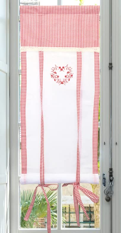 Autrefois Rideau Enrouleur et Brise bise, Lin brodé, Voilage Broderie, Style Charme,Decoration pour fenetre de Cuisine, Salon, Vichy (Rouge, 80 x 160 cm)