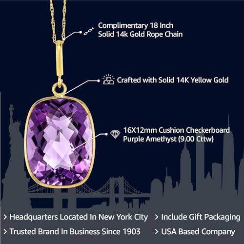 Gem Stone King 9.00 Cttw 14K Yellow Gold Purple Amethyst Pendant Necklace For Women | With 18 Inch Solid 14k Gold Chain | Gemstone Birthstone | Cushion Checkerboard 16X12MM2