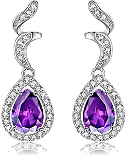 Uloveido 925 Sterling Silver Teardrop Earrings Natural Red Garnet and Amethyst Earrings for Women FR015