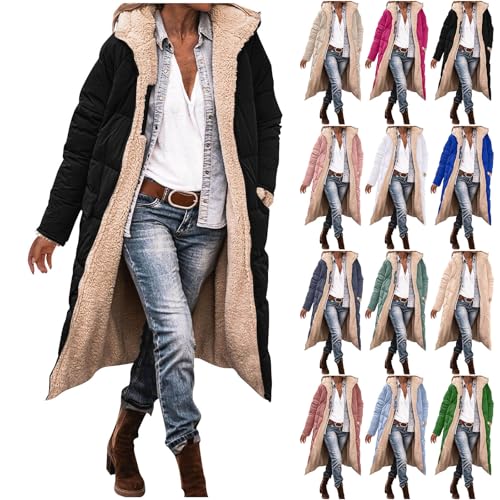 Long Puffer Coat Women Reversible Shearling Fleece Oversized Winter Jackets Fashion Hooded Outerwear with Pockets