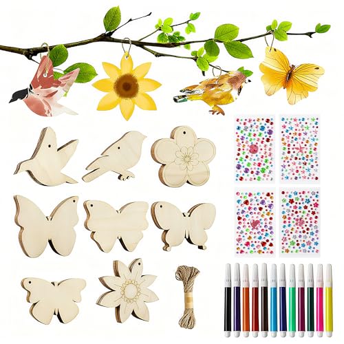 57 Stück Holz Bastelset für Kinder Holz Deko Bastelsets, Bastelset Kinder 4 5 6 7 8 9 Jahre,Basteln Kindergeburtstag, Schmetterling Blume Vogel Holzanhänger zum Bemalen für DIY Basteln Mädchen Jungen