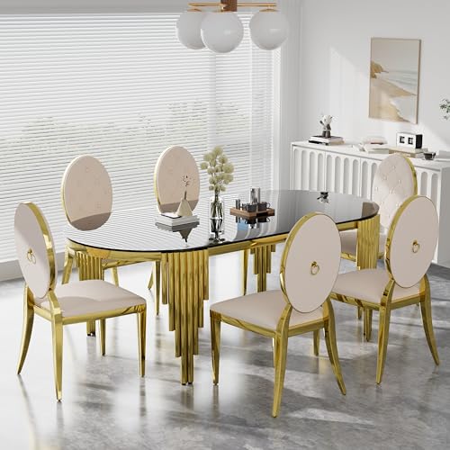 RGZ Modern Golden Luxury Dining Table Set for 6, 70'' Black Rectangle Glass Kitchen Table Set, 7 Pcs Minimalist Oval Dinner Room Set with Beige King Louis Chairs, for Large Living Room Apartment
