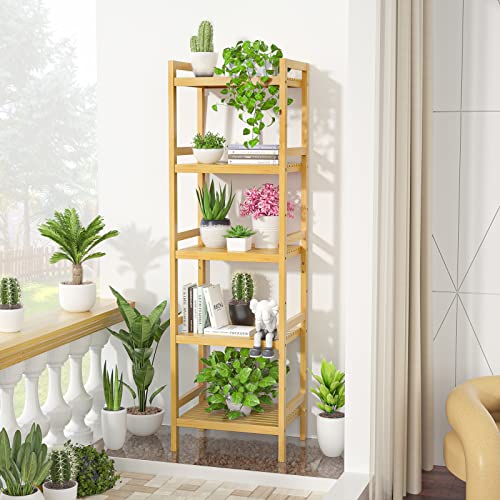 Homykic Bamboo Bookshelf, 5-Tier Narrow 55.9” Adjustable Book Shelf Bookcase Bathroom Shelves Freestanding Storage Stand For Living Room, Bedroom, Kitchen, Rust Resistance, Easy Assembly, Natural #TOP6