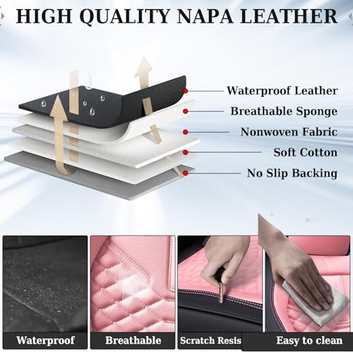 Image of Coverado Car Seat Covers, Front Seat Cover, Waterproof Nappa Leather Seat Covers for Cars, 2 Pack Car Seat Protectors, Car Seat Cushion, Automotive Seat Covers Universal Fit for Most Cars (Black&Pink)