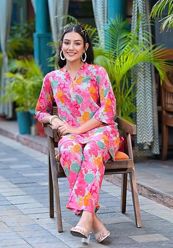 Image of Leriya Fashion Co Ord Set for Women Stylish | Ethnic Short Kurti for Women | Stylish Summer Printed Cotton Kurta Sets for Woman | A-Line Dress for Woman | 3 /4 Sleeve Top with Relaxed Fit Pant