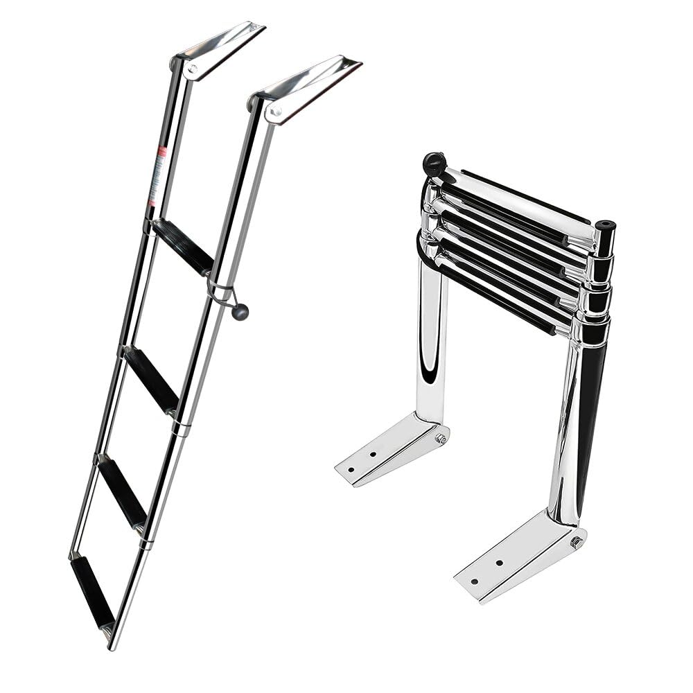 4-Step Telescoping Boat Ladder | Marine-Grade 316 Stainless Steel | 900lb Capacity | Anti-Slip Treads & Dual Handrails | Collapsible for Pontoon, Yacht & Dock