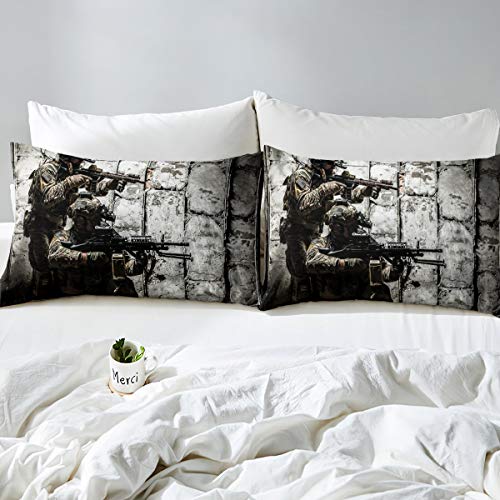 American Soldier Fitted Sheet, Boys Teens Under Mission Sheet Set, Rifle Machine Gun Bedding Set, Army Military Camo Fitted Bed Sheets Queen Camouflage Bedroom Decor For Youth Man No Top Flat Sheet #TOP2