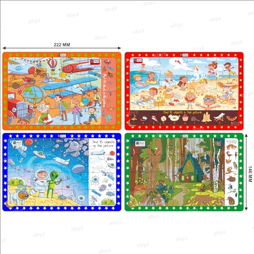 Image of ABYZ Wooden Jigsaw Beach Day, Aviation Museum, Space Visit, Forest Grade Puzzle 63pcs with Find The Things for Kids of Age 3+, Set of 4 Puzzle