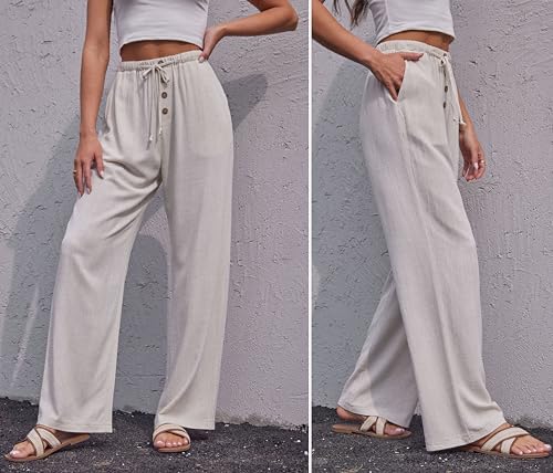Fakanhui Women's Cotton Linen Wide Leg Pants Summer Relaxed Loose Comfy Casual Flow Baggy Slacks Linen Pants2