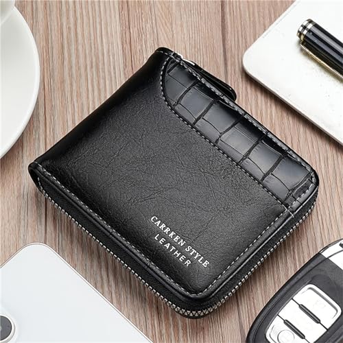 Men'S Antique Billfold Wallet Pu Leather Coin Case Small Wallet Mini Zipper Coin Purse Id Pocket Stone Pattern Card Case,Black2