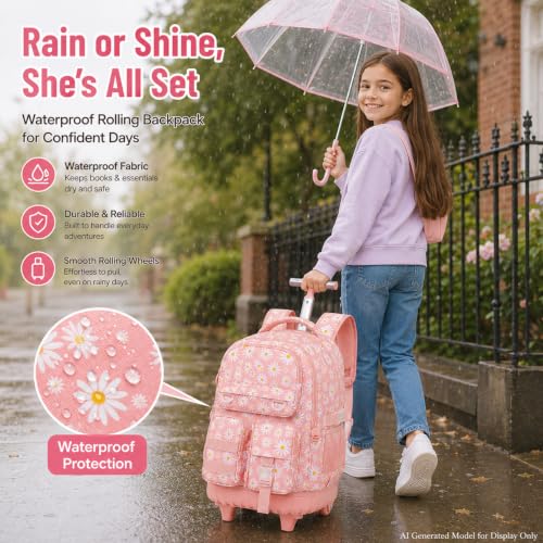 Image of CCJPX 3Pcs Rolling Backpack for Girls, Roller Wheeled School Bookbag, Daisy Wheels Backpacks with Lunch Box for Kids (Pink)