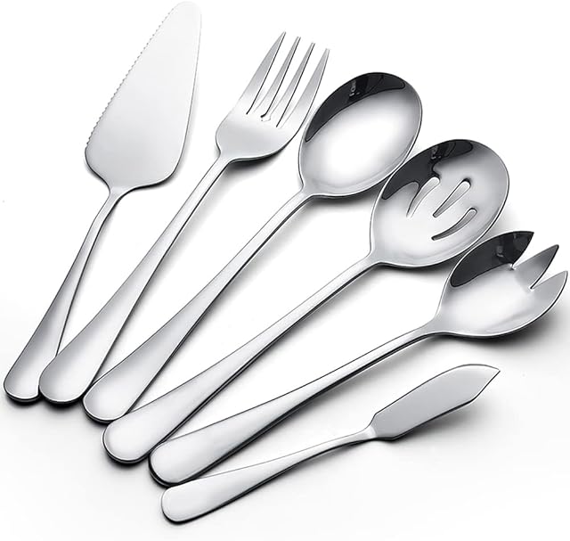 AOOSY 6 Pieces Cutlery Serving Set,Stainless Steel Flatware Serving Spoons Silver Kitchen Cooking Tools Cake Butter Knife Spoon Fork Pack for Home Buffet Party Mirror Finished