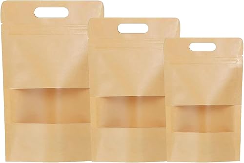 Muka 100 bolsas de papel kraft sellables con asa reutilizables para alimentos, 9.3 pulgadas de ancho x 13.8 pulgadas de alto x 4 pulgadas de