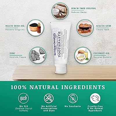 SprinJene Natural Sensitivity Relief Toothpaste Fluoride Toothpaste for Sensitive Teeth & Cavity Protection SLS Free with Patented Black Seed Oil & Zinc Made in the USA (4 Pack)