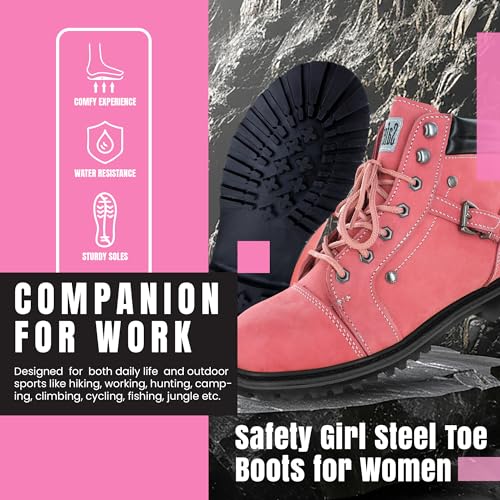 Image of Safety Girl Women's Work Boots | Water Resistant Leather Work Boots for Women | Oil & Slip-Resistant Soft Toe Boots for Women | Premium Nubuck Leather | Lightweight and Comfortable | Black Leather - 10M