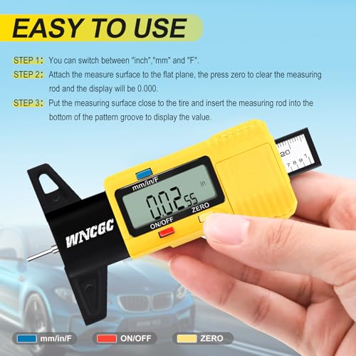 WNCGC Tire Tread Depth Gauge, 3 Modes Digital Tire Depth Gauge-Fractional Inch, Decimal Inch and Millimeter for Motorcycles, Cars, Trucks, Vans, SUV - Yellow by WNCGC - Image 6