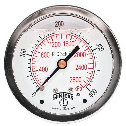Image of Winters 2-1 /2 inch Dial Size, Liquid Filled Industrial Pressure Gauge, Brass Internals, 304 Stainless Steel Case, Dual Scale 0-400 psi /kPa, 1.5% Acc, 1 /4 inch NPT Back Mount, Glycerin Filled Pressure Gauge