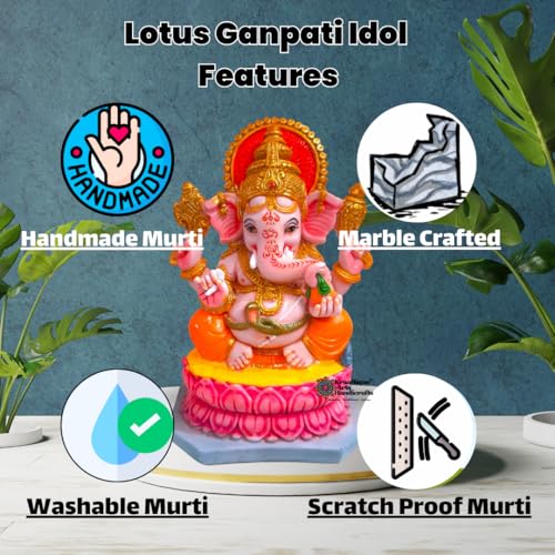 Image of Lotus Seated Ganesh Idol | Ganesh Sitting on Lotus Flower Murti | Divine Ganpati Murti for Home Mandir & Office Decor | Ganpati Murti for Puja & Gifting (Marble,15 CM)