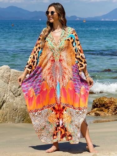 Image of IMAGEKOPE Women's Plus Size Animal Print V-Neck Batwing Kaftan Beach Dress Bathing Suit Cover-Up Loungewear