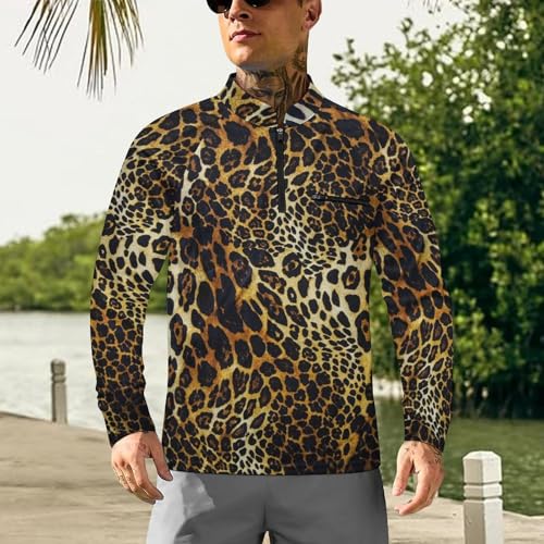 Leopard Skin Men's Rash Guard Long Sleeves Quick Dry Fishing Workout Shirts with Zipper2