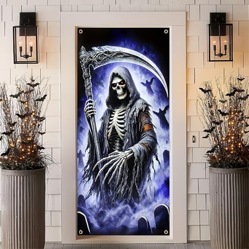 Image of BlissYard Halloween Grim Reaper Door Cover 70x35 Inch Polyester | Entry Banner, Wall Backdrop | Grim Reaper Door Decor, Indoor Party Scene | Porch, Hallway, Photo Area (Night Art)