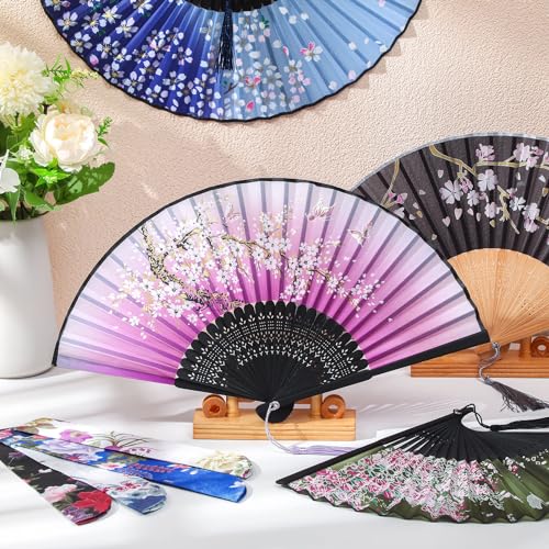 image for Zonon 4 Pack Handheld Floral Folding Fans Hand Held Silk Bamboo Fans w