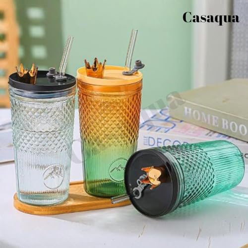 Image of Fashion Glass Cup with Lid and Straw - 600ml, Set of 1, Glass Cups, Clear Glassware for Kitchen, Home Heat Resistant Drinking Tumbler Office Ice Coffee Glasses Tea Mug