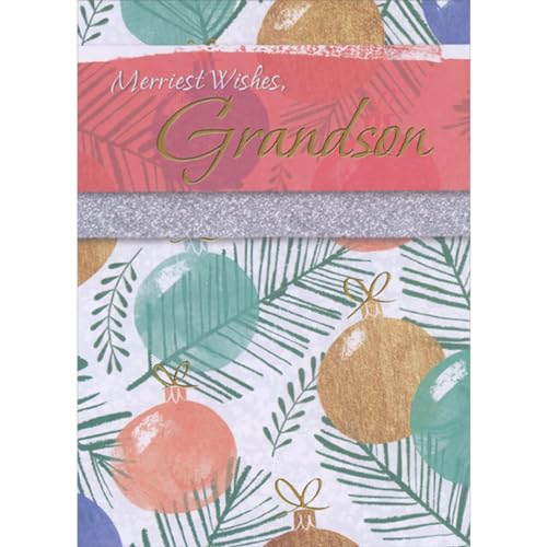 Designer Greetings Merriest Wishes: Watercolor Globe Ornaments and Blue Green Pine Needles Christmas Card for Grandson