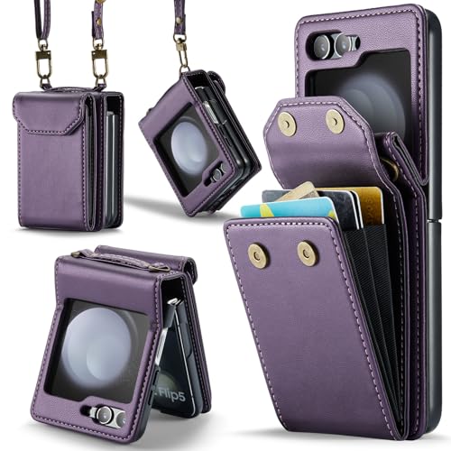 Asuwish Phone Case for Samsung Galaxy Z Flip 5 5G 2023 Wallet Cell Cover with Wrist Lanyard Crossbody Strap RFID Blocking Stand Credit Card Holder Slot ZFlip5 Z5 G Flip5 ZFlip 5Z Women Men Purple