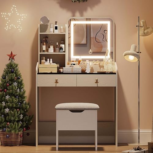 GAOMON Makeup Vanity Set with Mirror and Lights, Small Makeup Desk with Upholstered Storage Stool, Dressing Table with 2 Large Drawers and 3-Tier Open Shelves for Bedroom, White + Black Tabletop