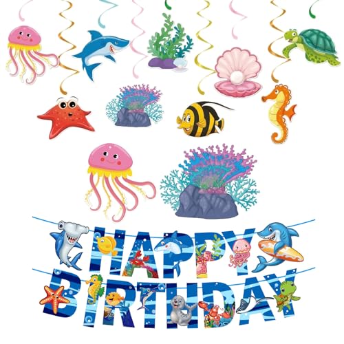 Decoración Cumpleaños Océano Kit 33 Piezas, Pancarta Feliz Cumpleaños y 32 Remolinos Colgantes de Animales Marinos, Decoración Fiesta Bajo el Mar para Niños y Niñas, Adornos Temáticos Peces Tropicales