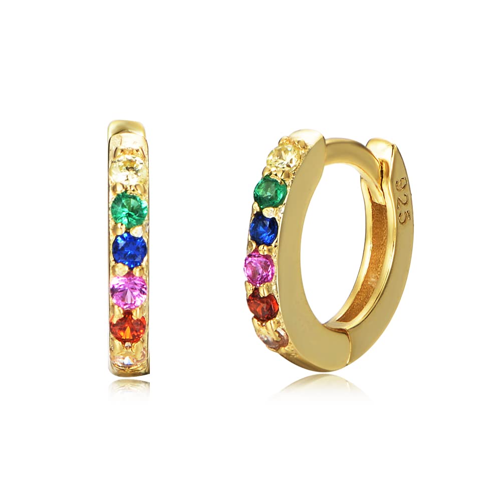 The Good Store14K Gold Plated Sterling Silver Huggie Earrings with Rainbow Colored Stones Women's Simple Small Hoop Fashion Gift Box