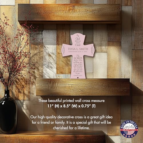 Image of LifeSong Milestones Personalized Baptism 1st Holy Communion Christening Wall Cross Decoration God Bless This Child the Lord Bless You and Keeps You (8.5 inch x 11 inch, Pink)