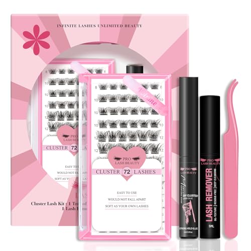 DIY Lash Extension Kit Lash Clusters Kit with 72 Pcs Lash Clusters Lash Bond 5ml Eyelash Remover Eyelash Applicator DIY Lash Kit for Beginner All in 1 Kit for Travel Easy to Use (Volume Style)