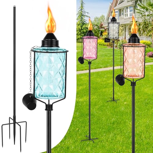 Nonley 4 Pack Glass Garden Torch for Outside 12 oz, Upgraded 61-Inch Outdoor Citronella Torches with 5-Prong Grounded Stake, Height Adjustable Garden Décor Torch for Patio Pathway Party