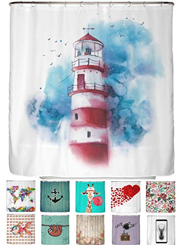 arteneur - Lighthouse - Anti-Mould Shower Curtain 180 x 200 cm with Oeko-Tex Standard 100 - Weighted Hem Opaque Waterproof Washable 12 Rings & E-Book