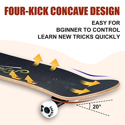 Image of 31 x 8 Inch Complete Skateboard 7 Layer Canadian Maple Double Kick Deck Concave Cruiser Trick Skateboard for Boys Girls Teens Adults Beginner
