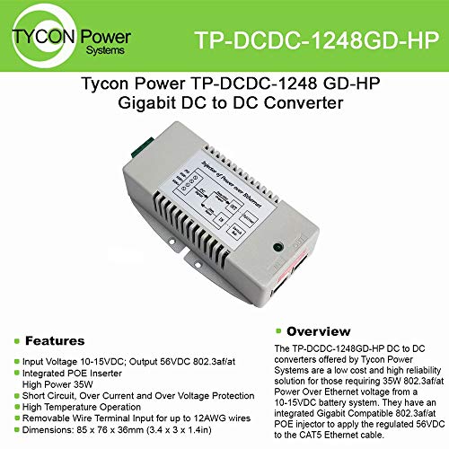 Tycon Systems TP-DCDC-1248GD-HP 56V DC 35W Out DC to DC Converter and POE Inserter