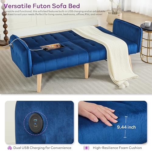 Image of TYBOATLE 62.99 inch W Velvet Modern Convertible Folding Futon Couch Sofa Bed w / 2 USB Charging Ports for Compact Living Space, Small Couches for Office, Dorm, RV Room, Apartment, Bedroom (Navy Blue)